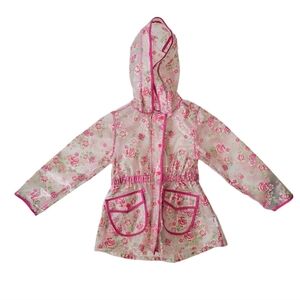 Tahari Rain Coat Jacket Slicker Hood Floral Flowers Pink Clear Roses Girl 4‎